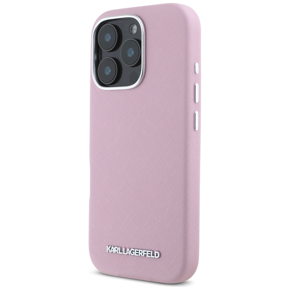 Capa MagSafe para Apple iPhone 16 Pro, Karl Lagerfeld, Saffiano Full Wrapped Elongated Metal Logo, Rosa