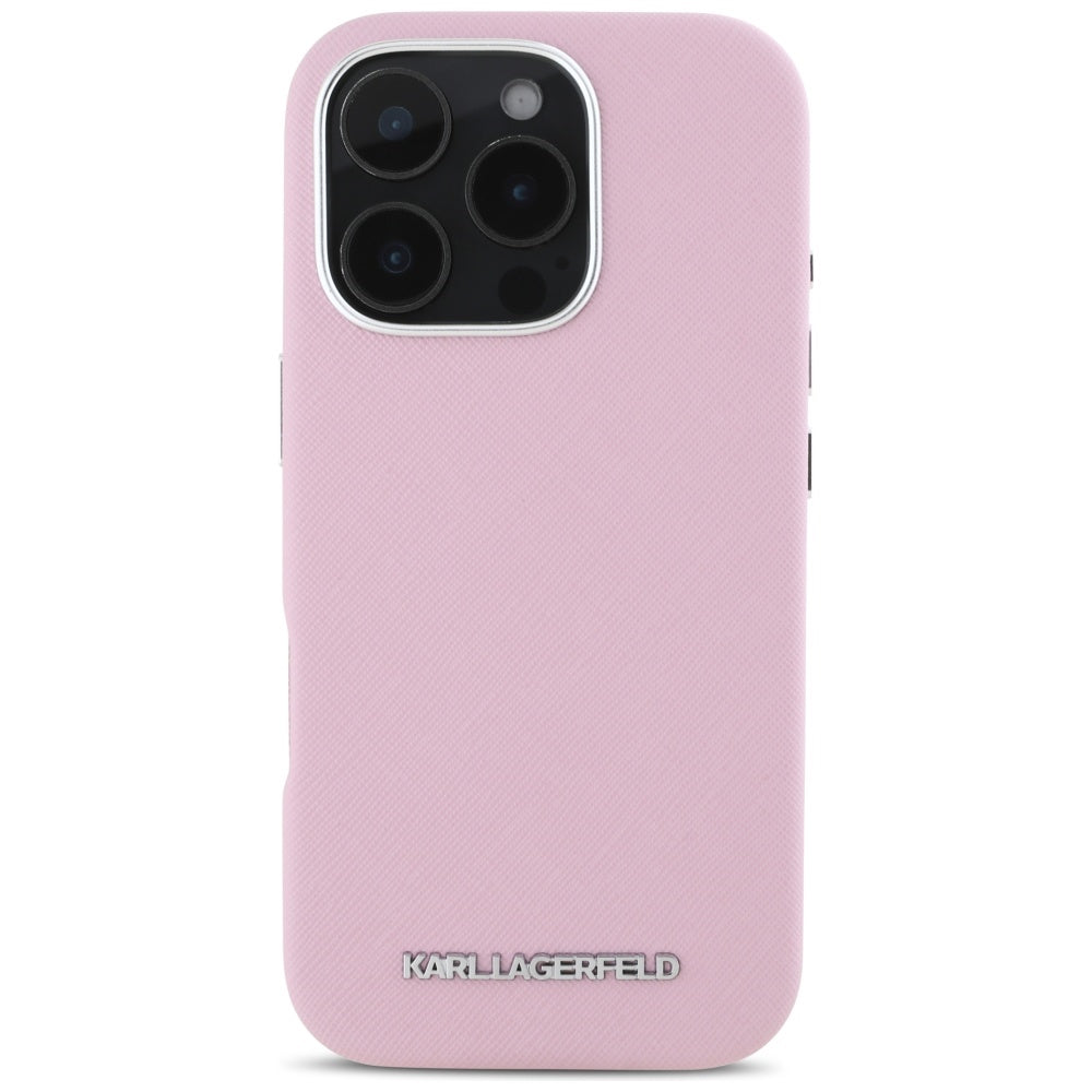 Capa MagSafe para Apple iPhone 16 Pro, Karl Lagerfeld, Saffiano Full Wrapped Elongated Metal Logo, Rosa