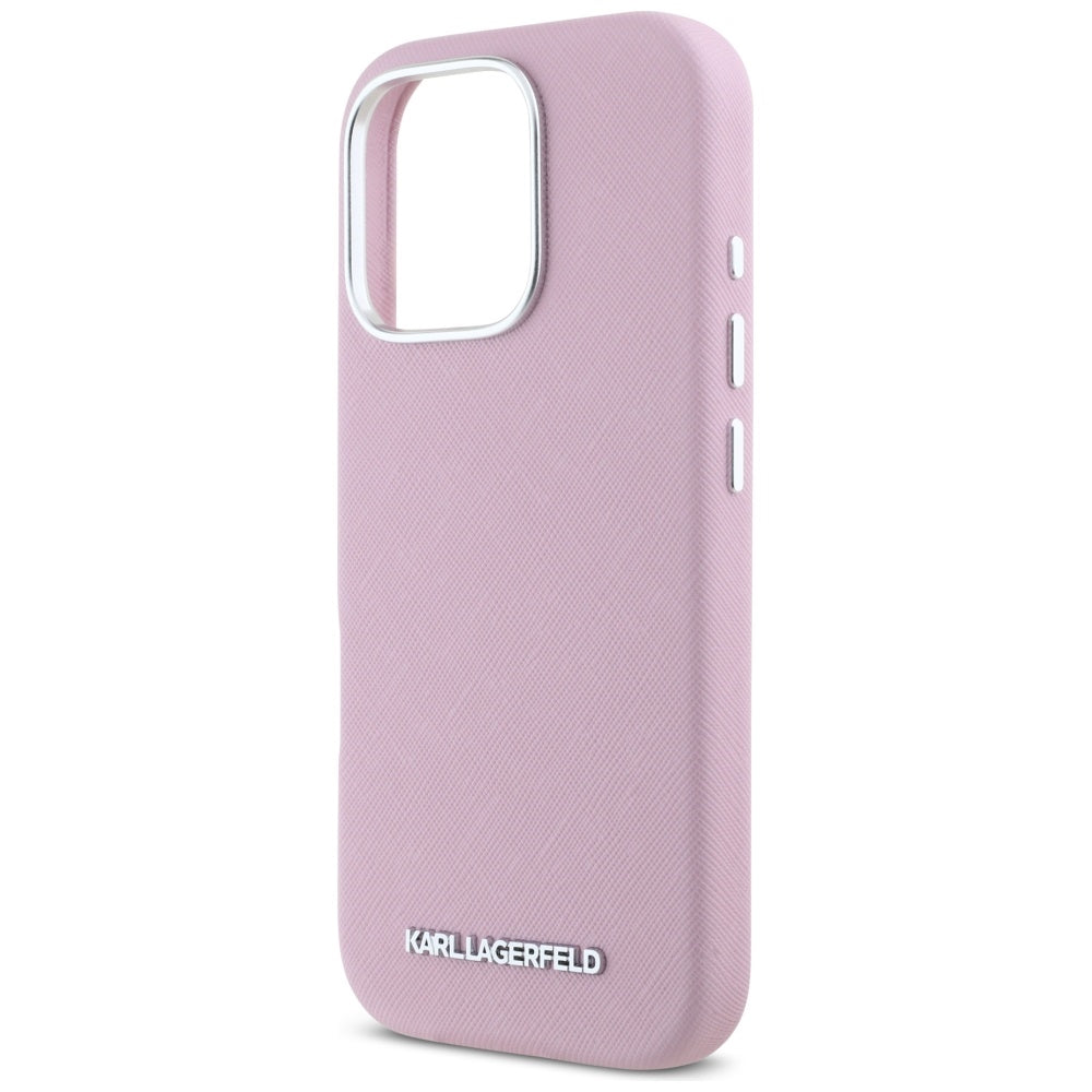Capa MagSafe para Apple iPhone 16 Pro, Karl Lagerfeld, Saffiano Full Wrapped Elongated Metal Logo, Rosa