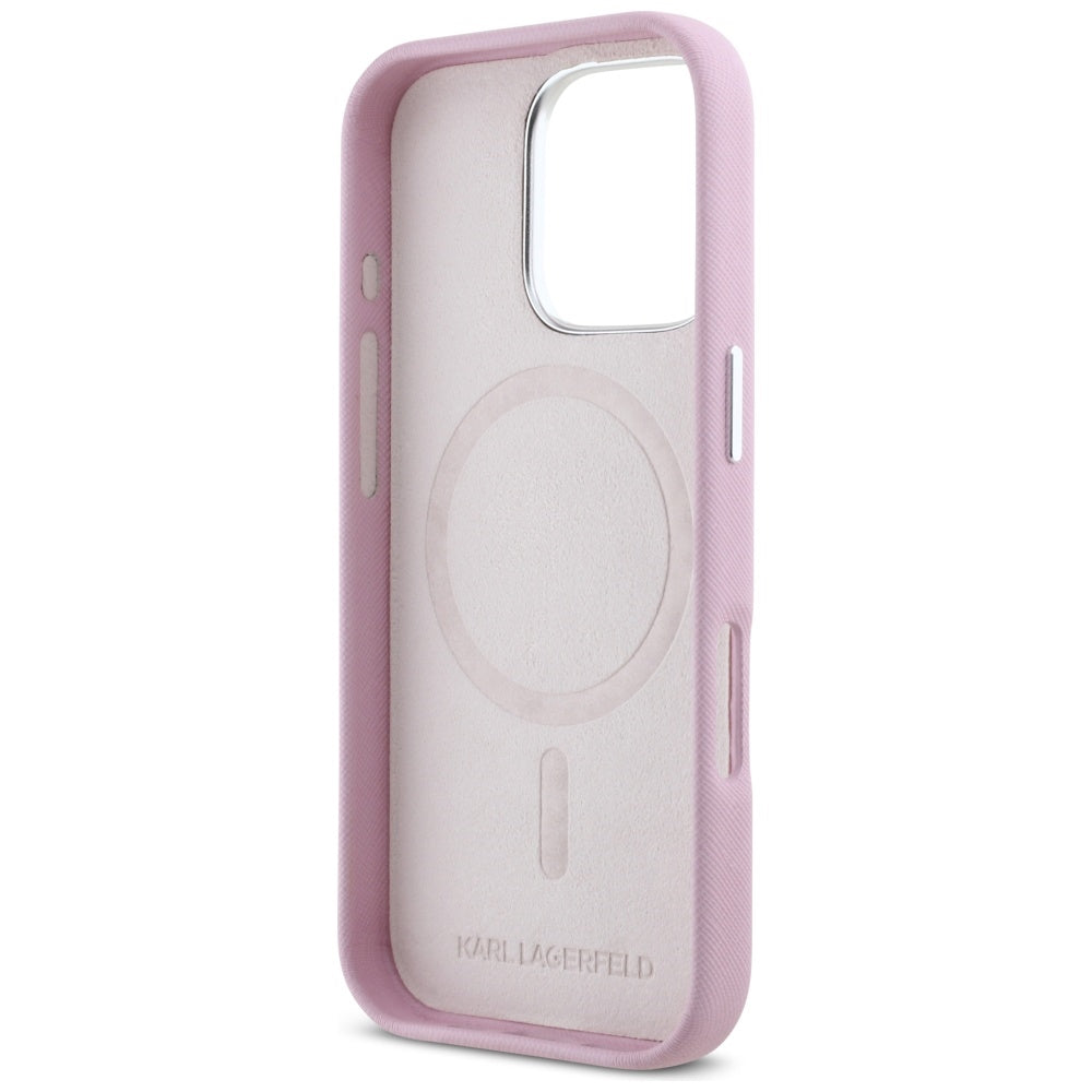 Capa MagSafe para Apple iPhone 16 Pro, Karl Lagerfeld, Saffiano Full Wrapped Elongated Metal Logo, Rosa