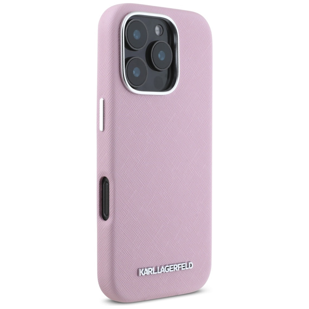 Capa MagSafe para Apple iPhone 16 Pro, Karl Lagerfeld, Saffiano Full Wrapped Elongated Metal Logo, Rosa