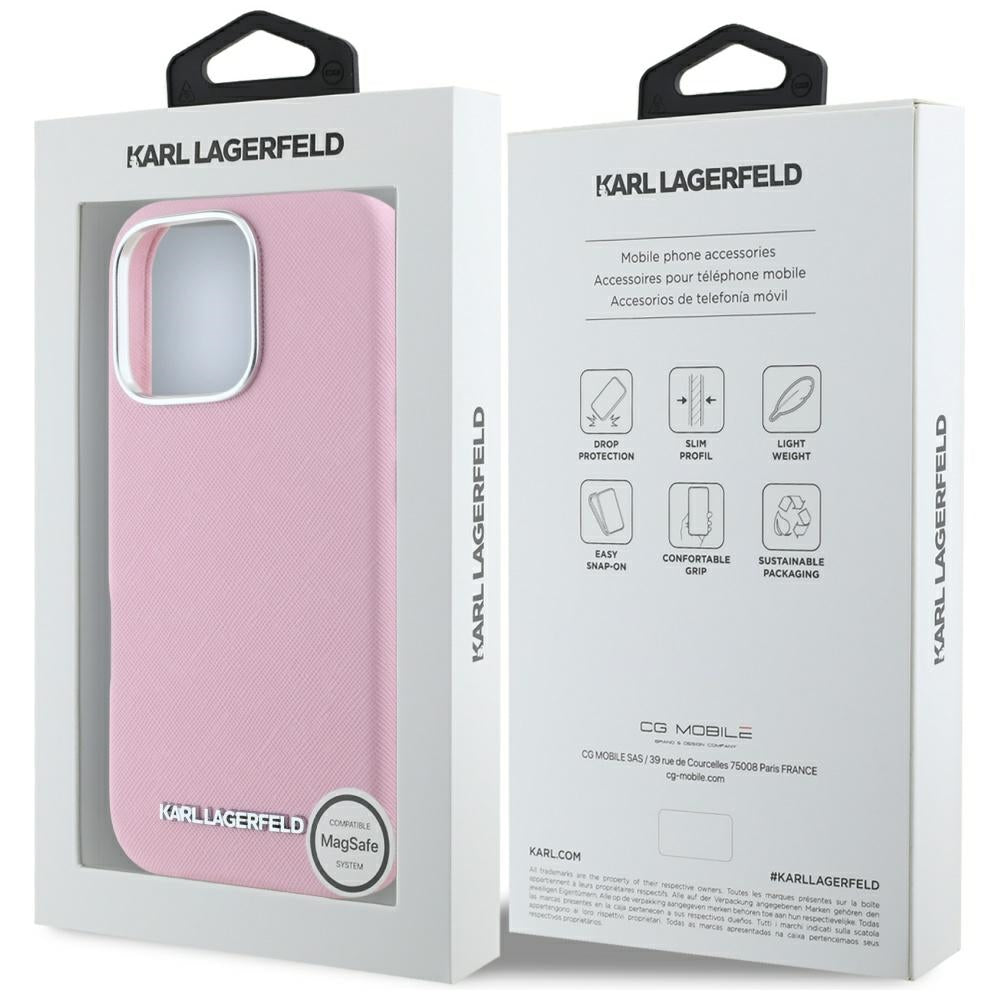 Capa MagSafe para Apple iPhone 16 Pro, Karl Lagerfeld, Saffiano Full Wrapped Elongated Metal Logo, Rosa