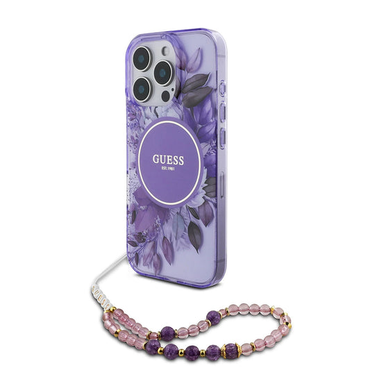 Capa MagSafe para Apple iPhone 16 Pro Max, Guess, IML Flowers with Pearl Strap, Roxo