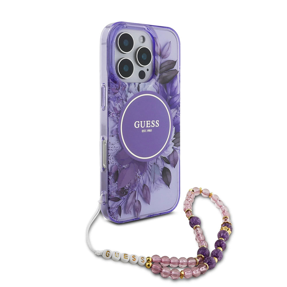 Capa MagSafe para Apple iPhone 16 Pro Max, Guess, IML Flowers with Pearl Strap, Roxo