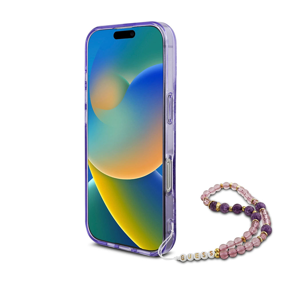 Capa MagSafe para Apple iPhone 16 Pro Max, Guess, IML Flowers with Pearl Strap, Roxo
