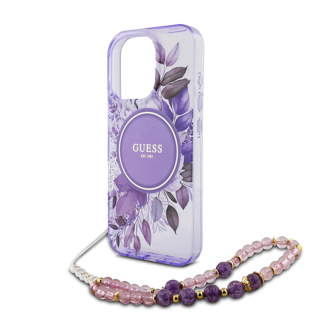 Capa MagSafe para Apple iPhone 16 Pro Max, Guess, IML Flowers with Pearl Strap, Roxo