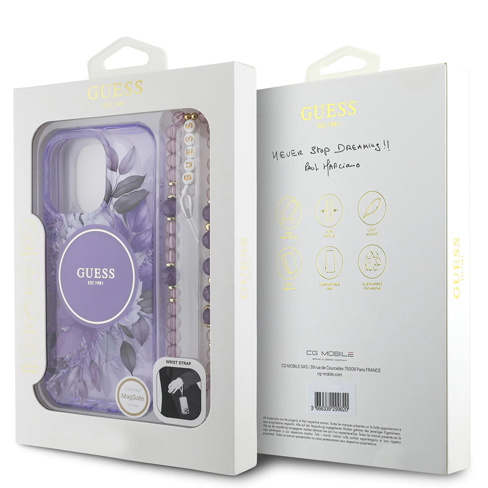 Capa MagSafe para Apple iPhone 16 Pro Max, Guess, IML Flowers with Pearl Strap, Roxo