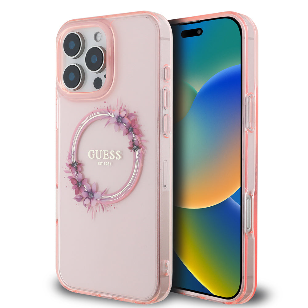 Capa MagSafe para Apple iPhone 16 Pro Max, Guess, IML Flowers Wreath, Rosa