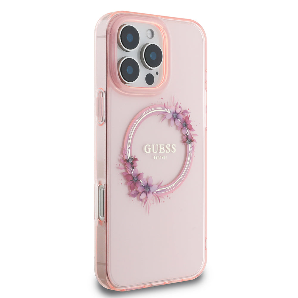 Capa MagSafe para Apple iPhone 16 Pro Max, Guess, IML Flowers Wreath, Rosa