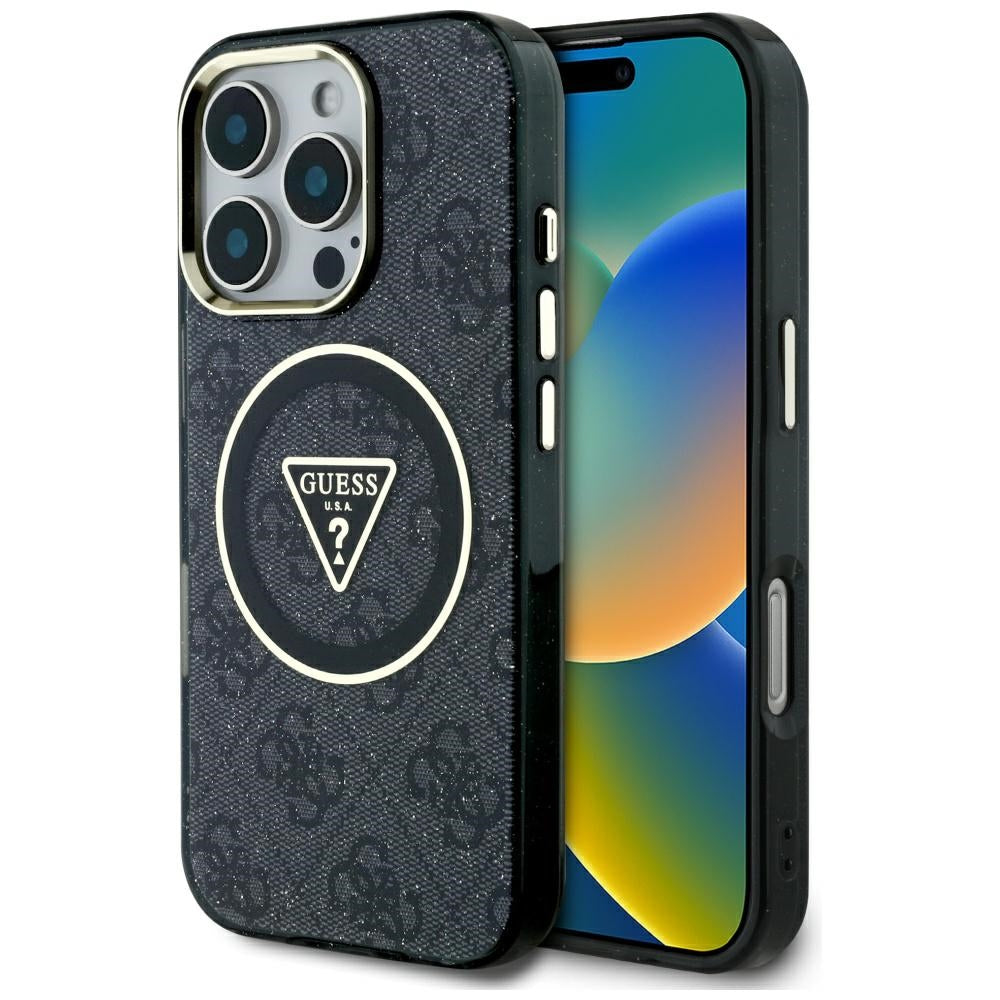 Capa MagSafe para Apple iPhone 16 Pro Max, Guess, IML Glitter 4G Circle Triangle, Preta