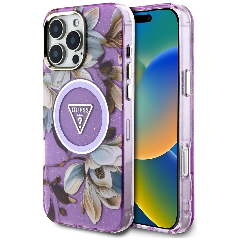 Capa MagSafe para Apple iPhone 16 Pro Max, Guess, IML Metal Glitter Flowers Triangle, Roxo