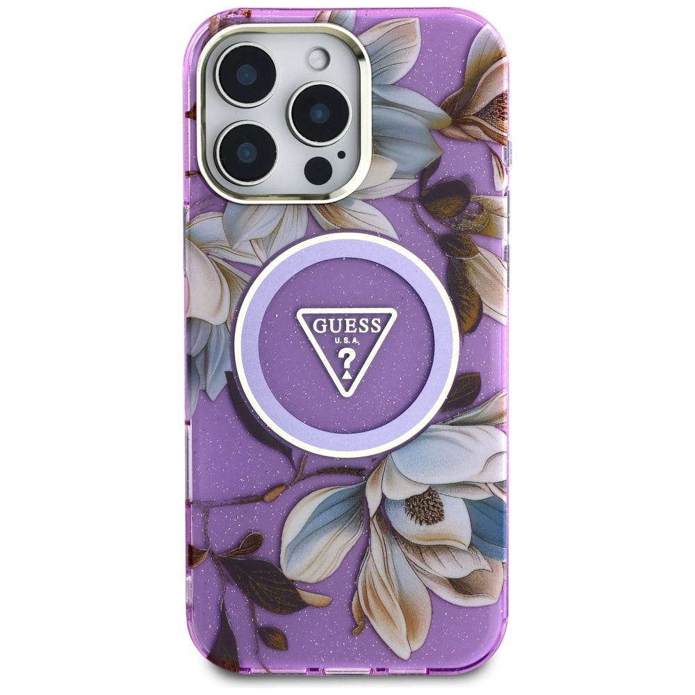Capa MagSafe para Apple iPhone 16 Pro Max, Guess, IML Metal Glitter Flowers Triangle, Roxo