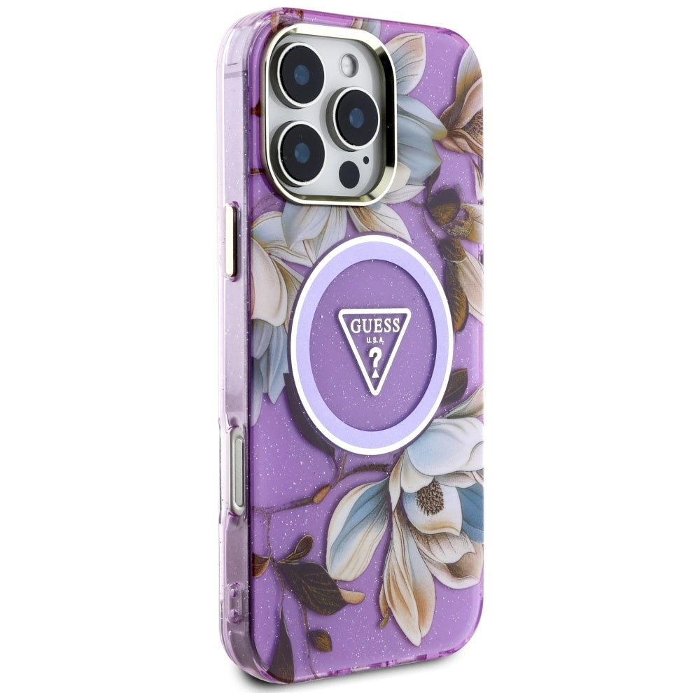 Capa MagSafe para Apple iPhone 16 Pro Max, Guess, IML Metal Glitter Flowers Triangle, Roxo