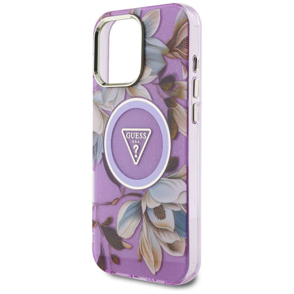 Capa MagSafe para Apple iPhone 16 Pro Max, Guess, IML Metal Glitter Flowers Triangle, Roxo