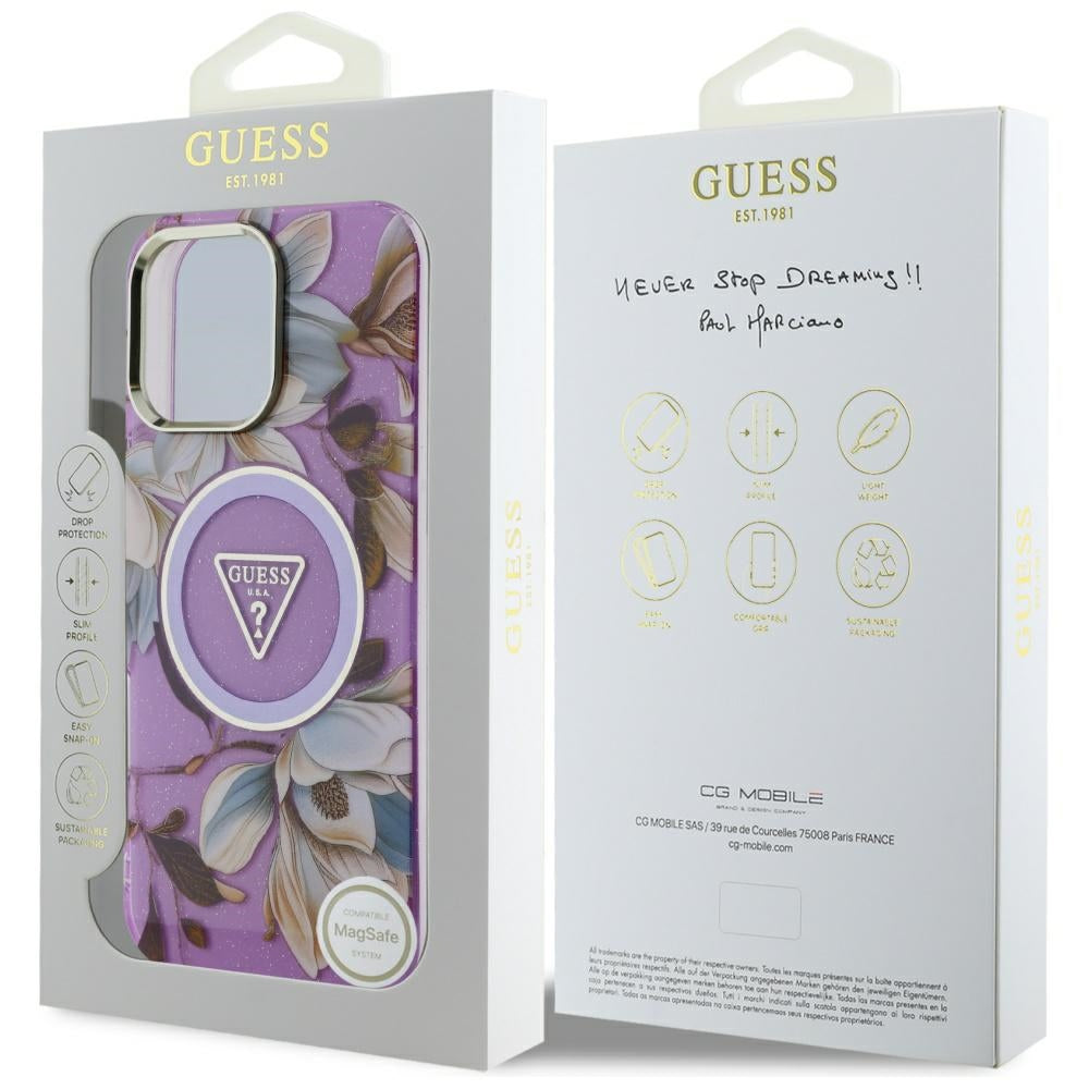 Capa MagSafe para Apple iPhone 16 Pro Max, Guess, IML Metal Glitter Flowers Triangle, Roxo