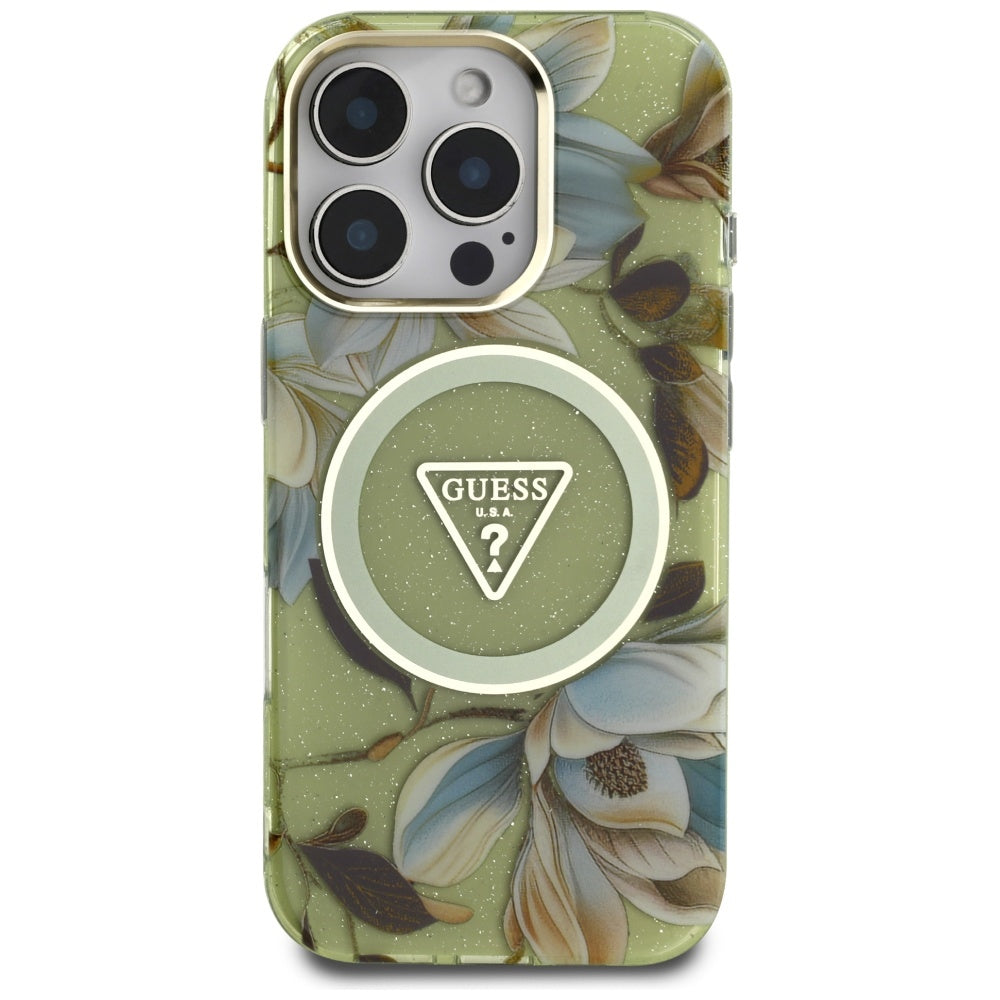 Capa MagSafe para Apple iPhone 16 Pro Max, Guess, IML Metal Glitter Flowers Triangle, Verde