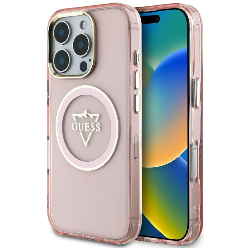 Capa MagSafe para Apple iPhone 16 Pro Max, Guess, IML Metal Mountain Logo, Rosa