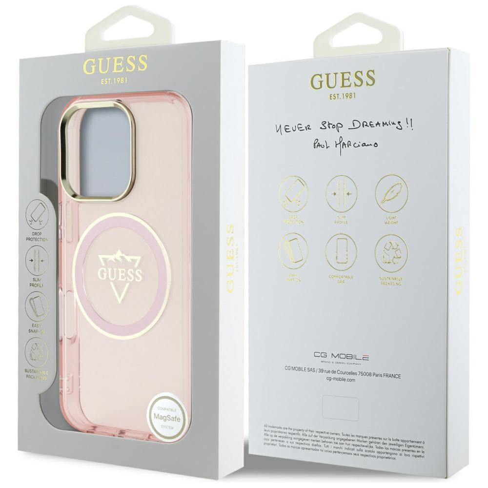Capa MagSafe para Apple iPhone 16 Pro Max, Guess, IML Metal Mountain Logo, Rosa