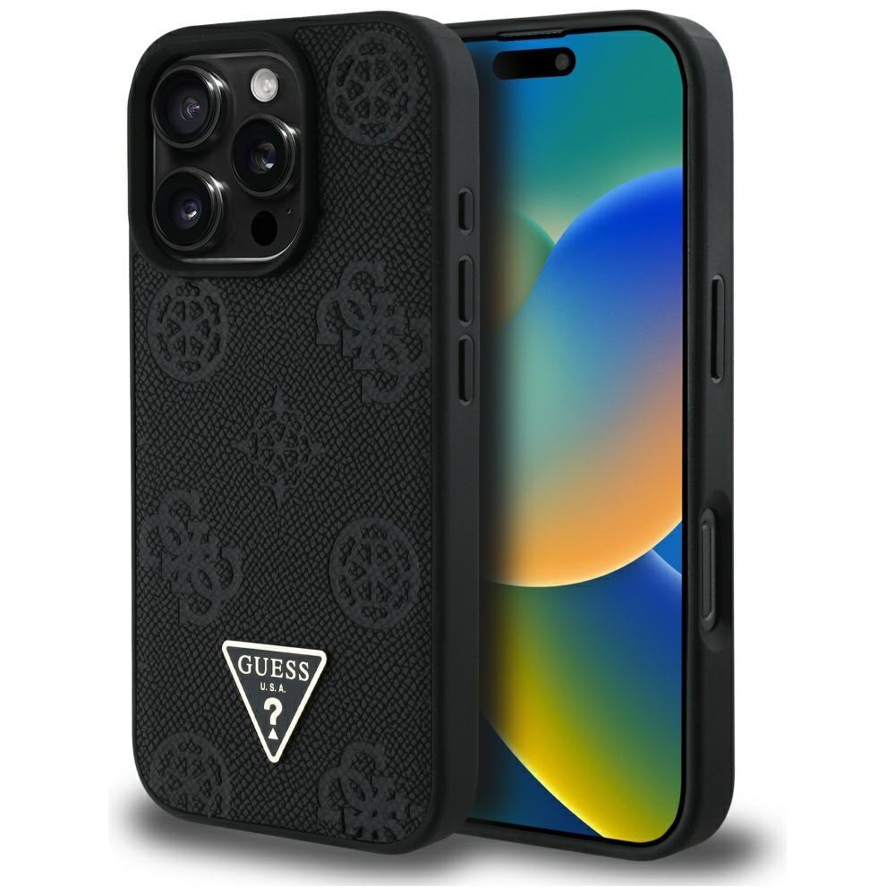 Capa MagSafe para Apple iPhone 16 Pro Max, Guess, Peony Grained Hot Stamp Triangle, Preta