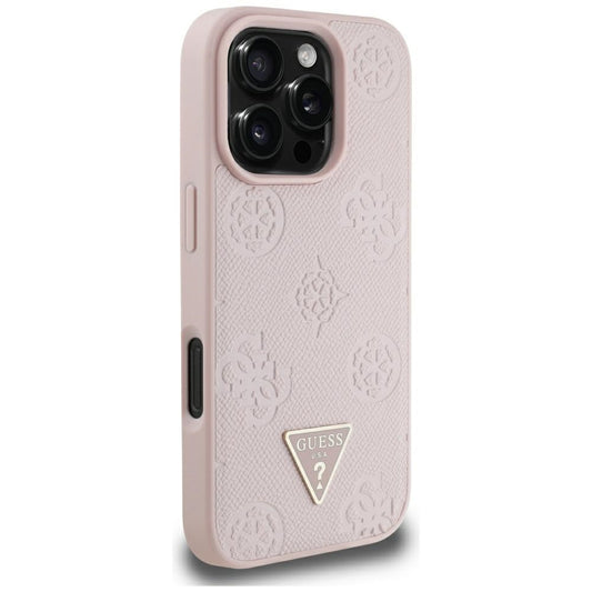 Capa MagSafe para Apple iPhone 16 Pro Max, Guess, Peony Grained Hot Stamp Triangle, Rosa