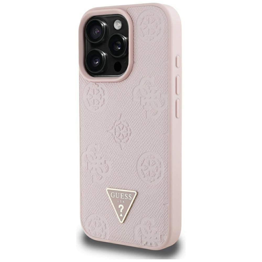 Capa MagSafe para Apple iPhone 16 Pro Max, Guess, Peony Grained Hot Stamp Triangle, Rosa
