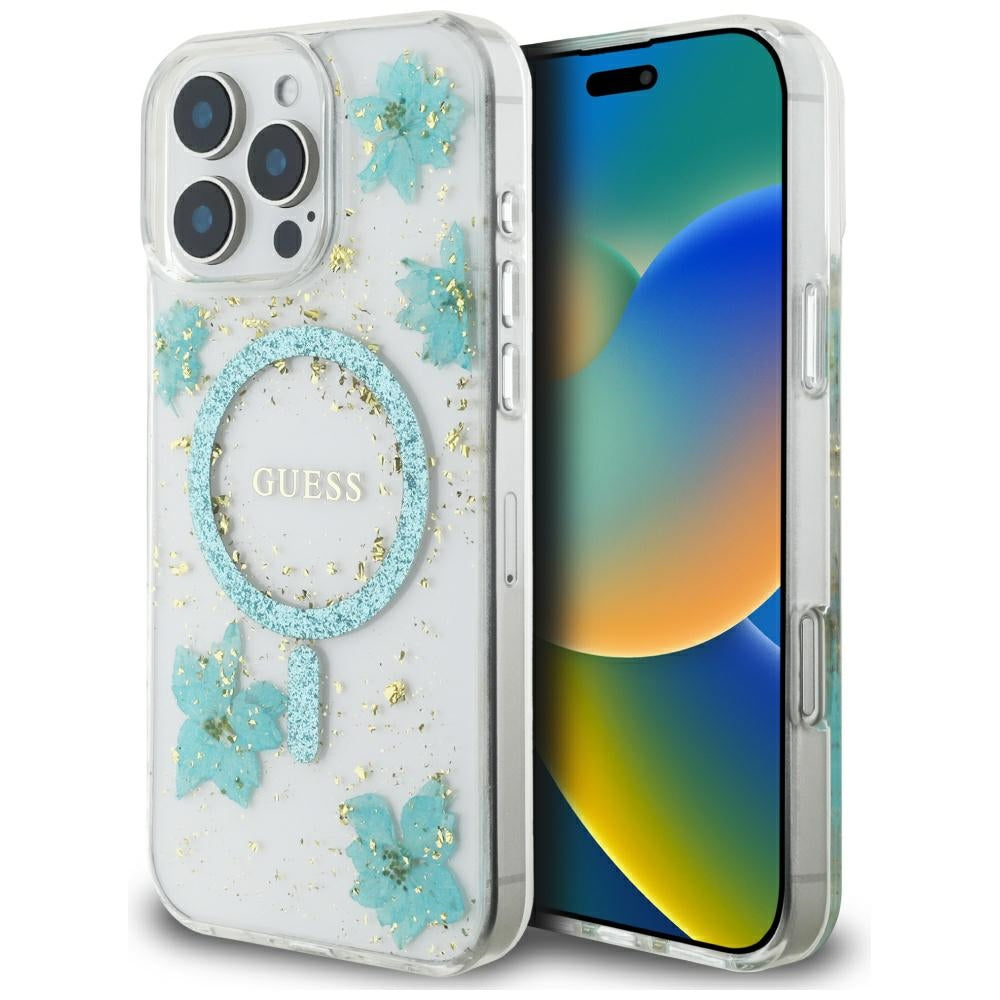 Capa MagSafe para Apple iPhone 16 Pro Max, Guess, Resin Flowers and Glitter, Turquesa