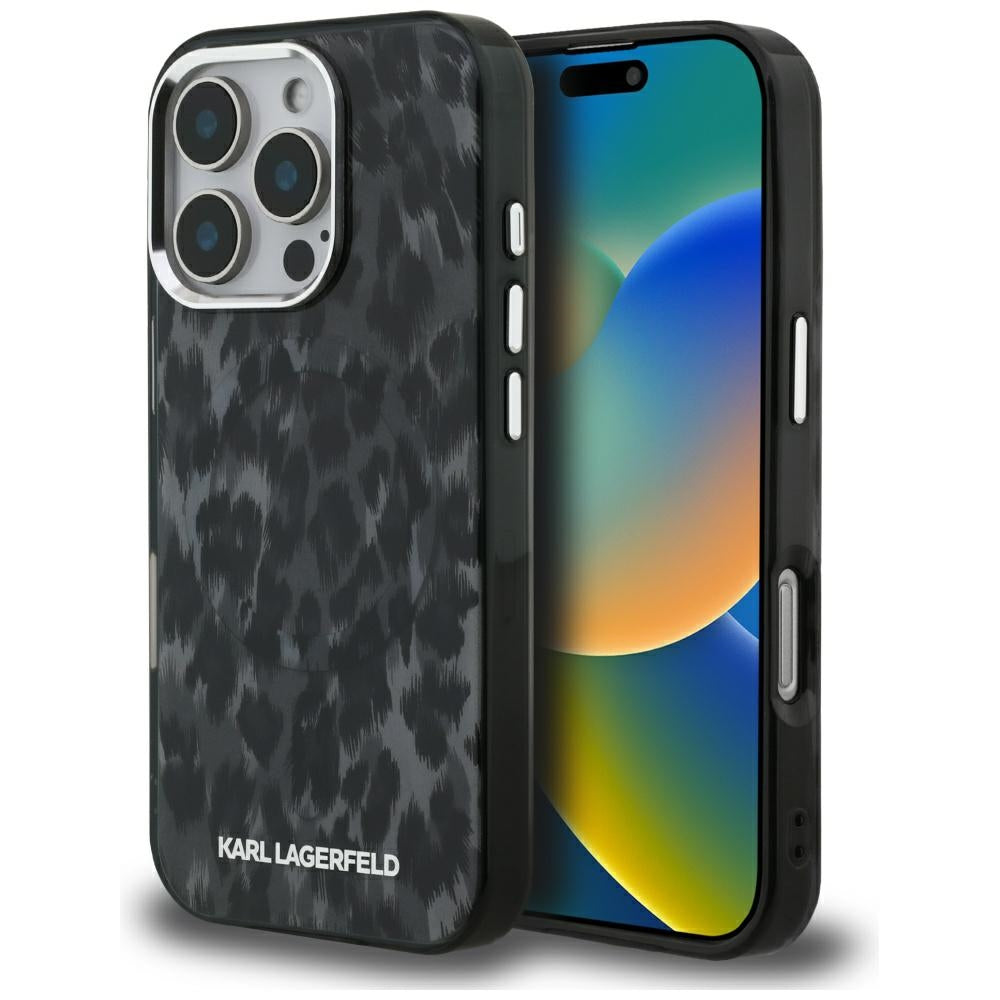 Capa MagSafe para Apple iPhone 16 Pro Max, Karl Lagerfeld, Padrão Leopardo IML, Preta
