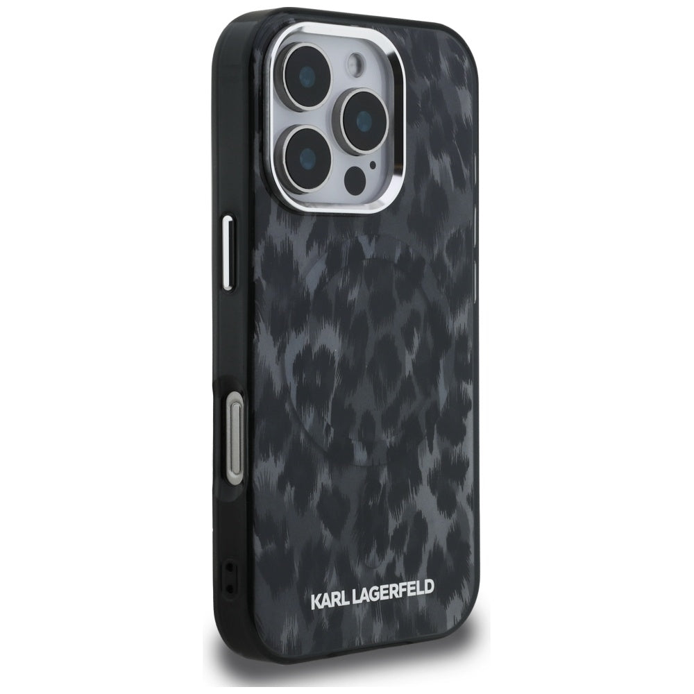 Capa MagSafe para Apple iPhone 16 Pro Max, Karl Lagerfeld, Padrão Leopardo IML, Preta