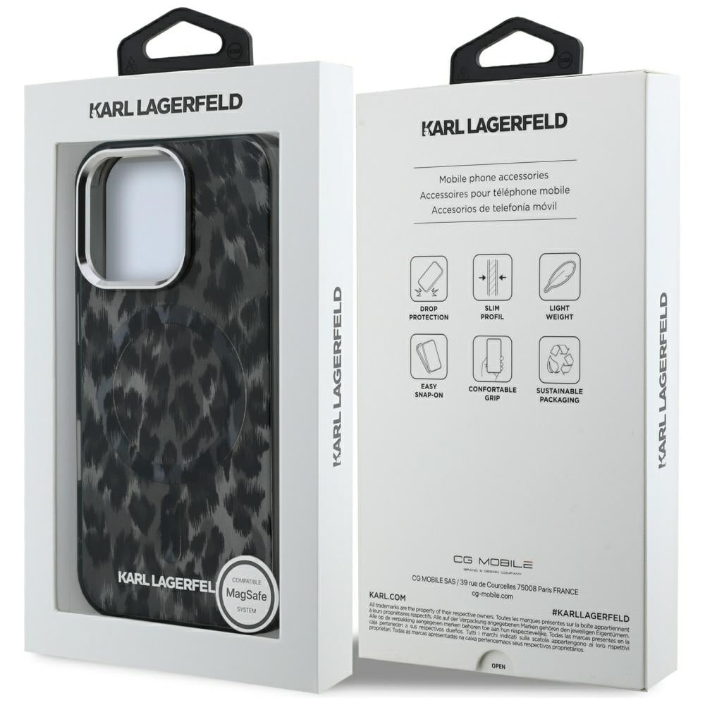Capa MagSafe para Apple iPhone 16 Pro Max, Karl Lagerfeld, Padrão Leopardo IML, Preta