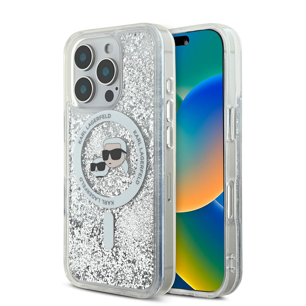 Capa MagSafe para Apple iPhone 16 Pro Max, Karl Lagerfeld, Liquid Glitter Karl & Choupette's Heads, Transparente