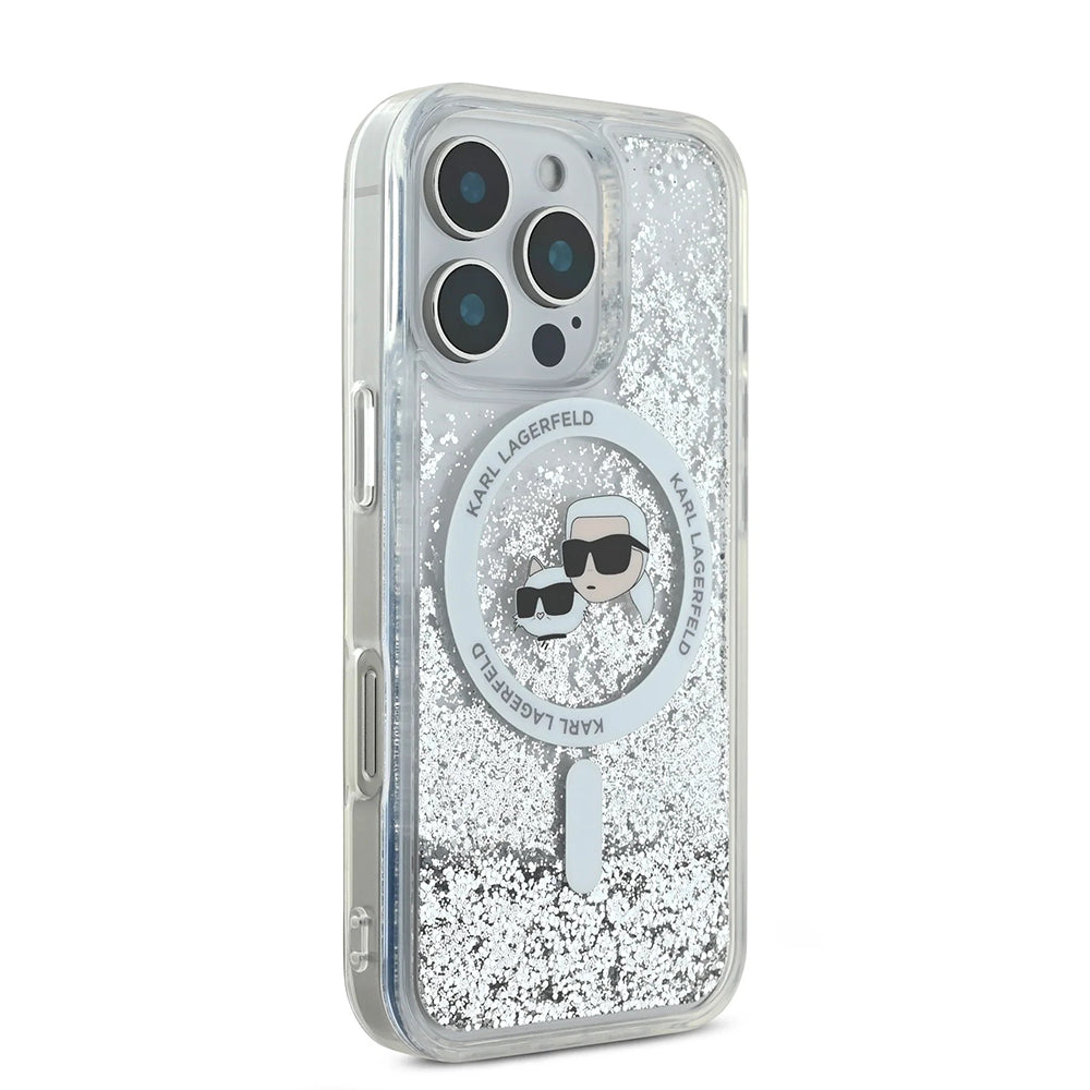 Capa MagSafe para Apple iPhone 16 Pro Max, Karl Lagerfeld, Liquid Glitter Karl & Choupette's Heads, Transparente