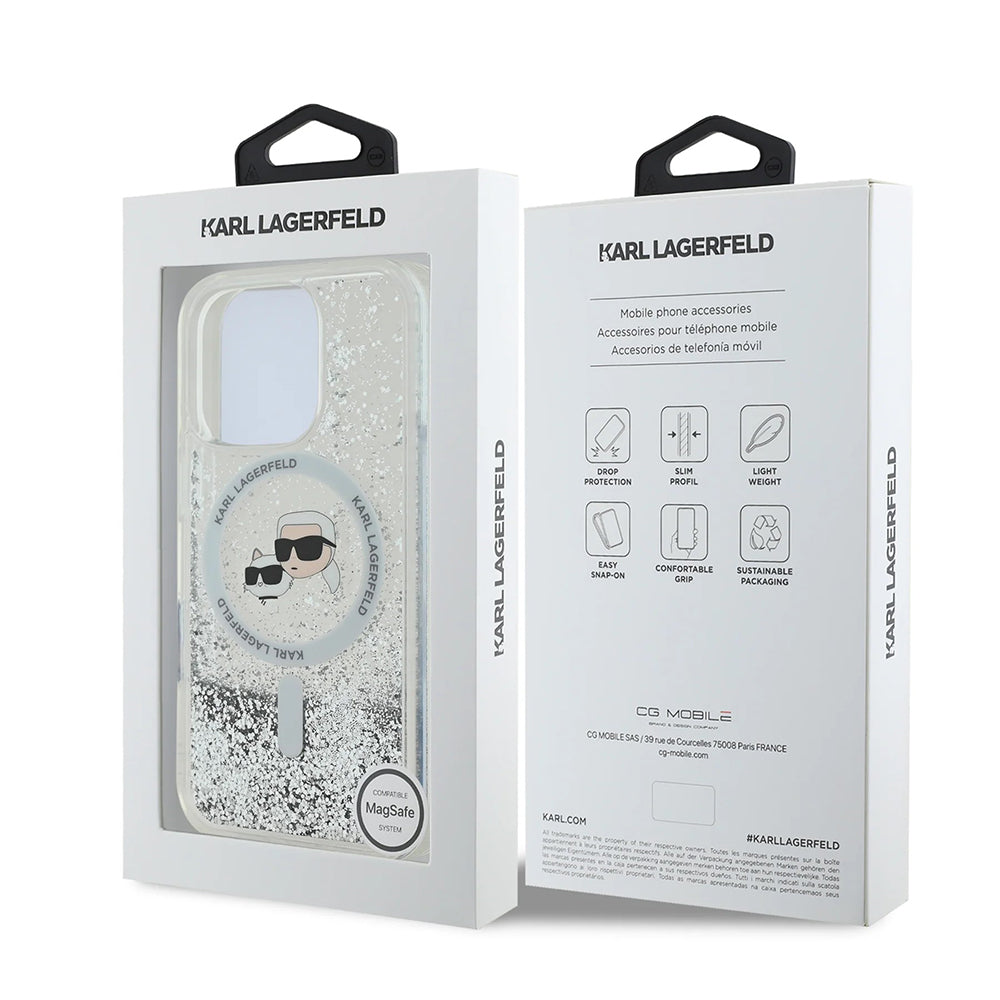 Capa MagSafe para Apple iPhone 16 Pro Max, Karl Lagerfeld, Liquid Glitter Karl & Choupette's Heads, Transparente