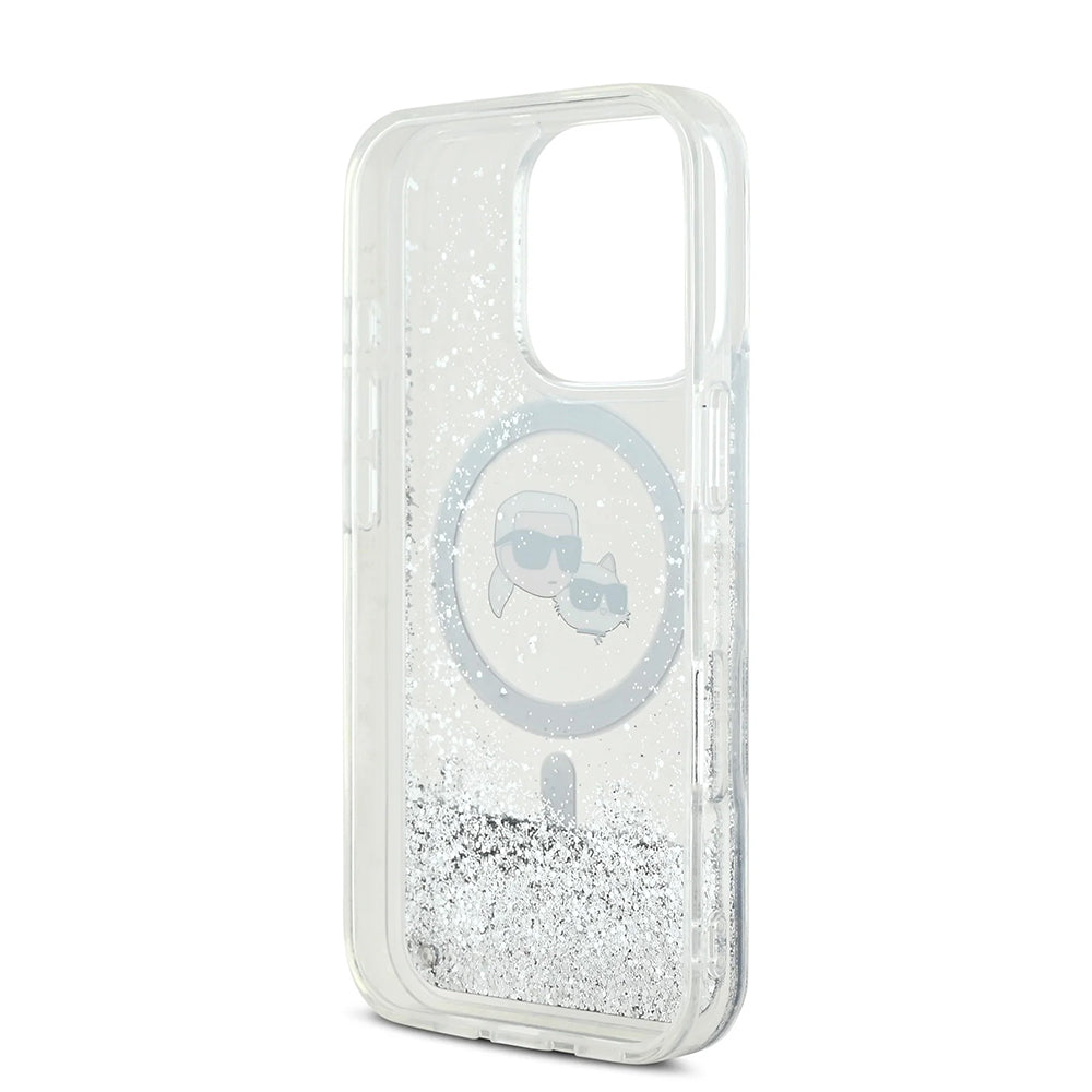 Capa MagSafe para Apple iPhone 16 Pro Max, Karl Lagerfeld, Liquid Glitter Karl & Choupette's Heads, Transparente