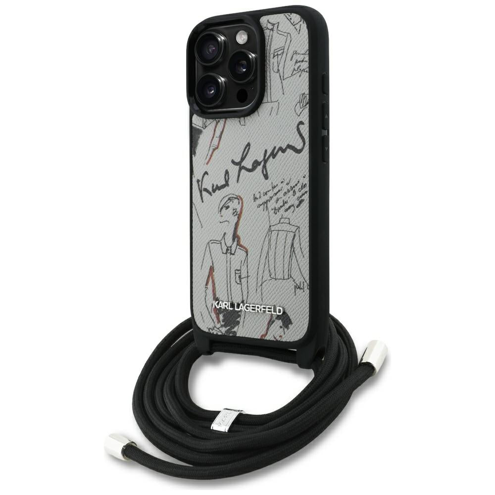 Capa MagSafe para Apple iPhone 16 Pro Max, Karl Lagerfeld, Saffiano Crossbody, Cinza