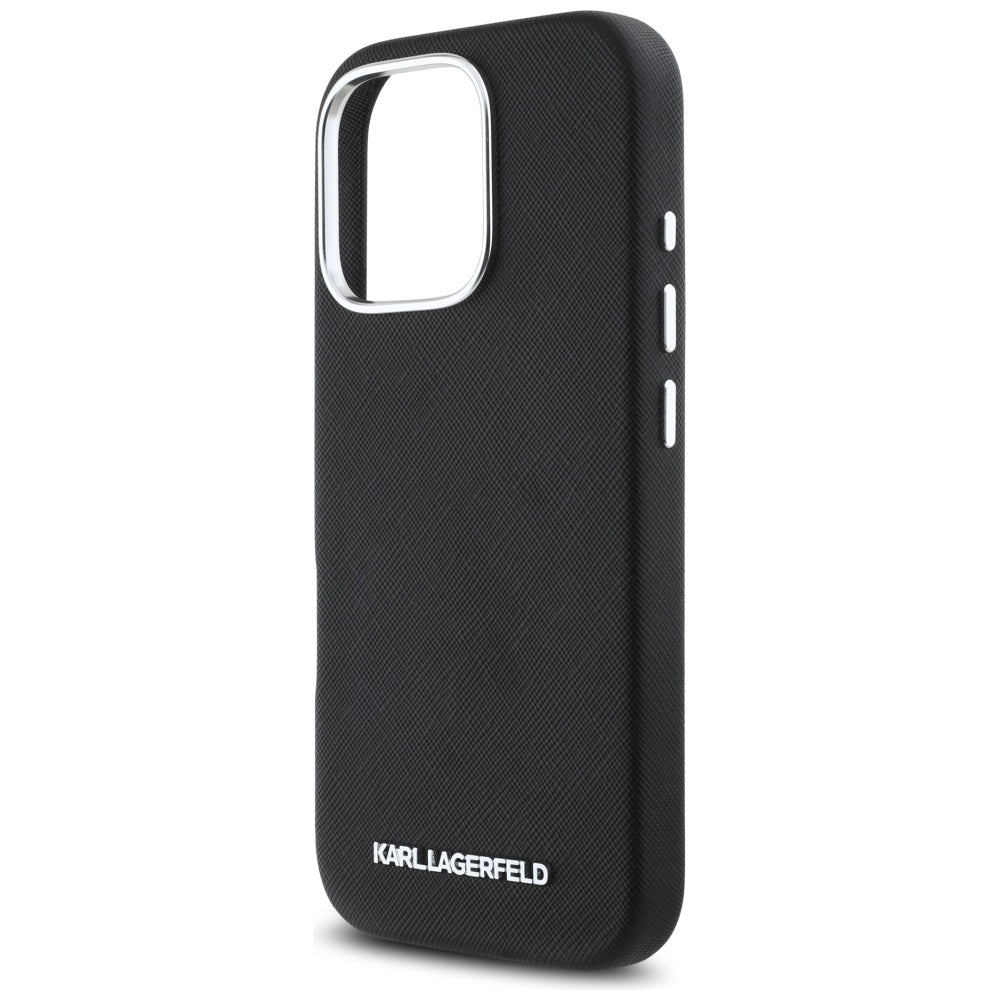 Capa MagSafe para Apple iPhone 16 Pro Max, Karl Lagerfeld, Saffiano Full Wrapped Elongated Metal Logo, Preta