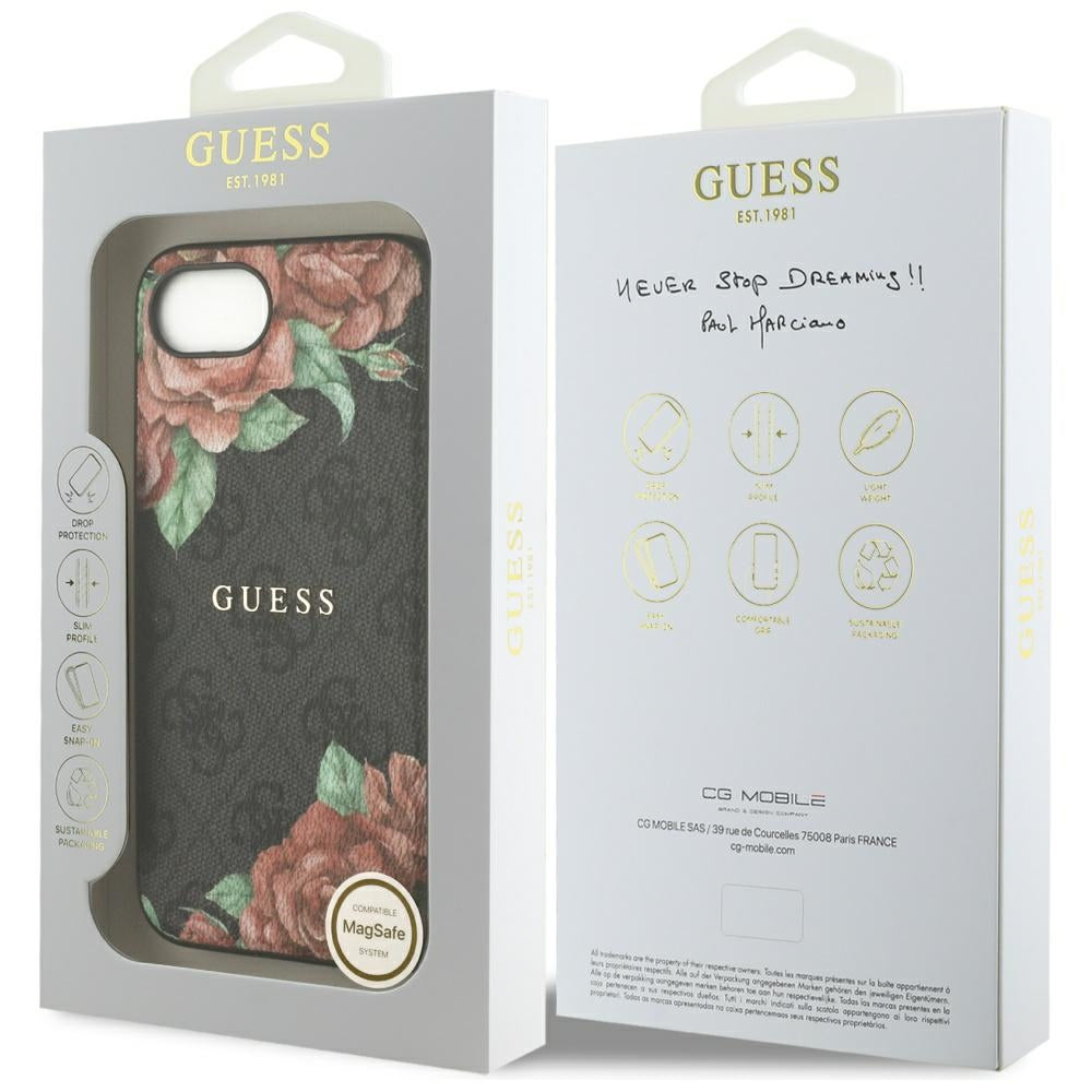 Capa MagSafe para Apple iPhone 17e / 16e, Guess, Estampa de Flores 4G, Preta