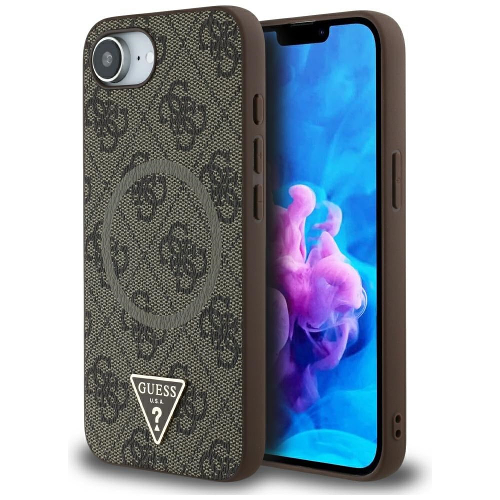 Capa MagSafe para Apple iPhone 17e / 16e, Guess, Logo Triângulo Anel 4G, Castanho