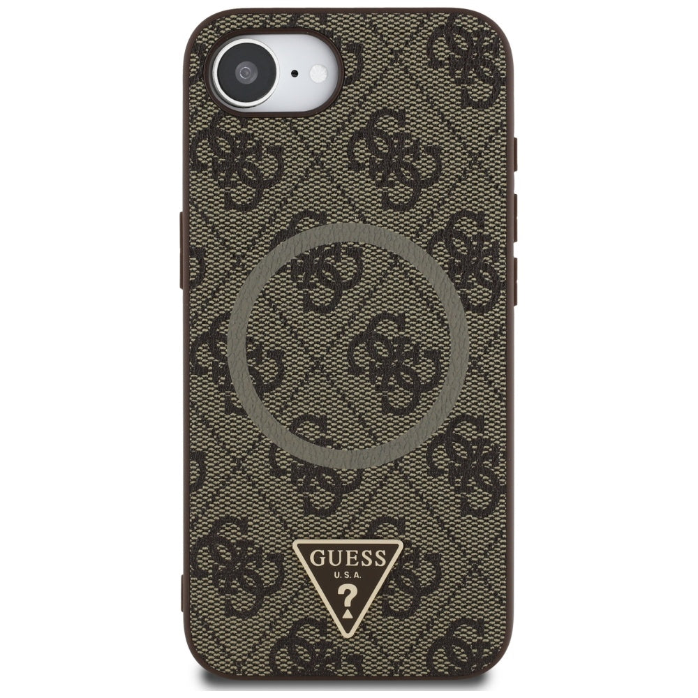 Capa MagSafe para Apple iPhone 17e / 16e, Guess, Logo Triângulo Anel 4G, Castanho