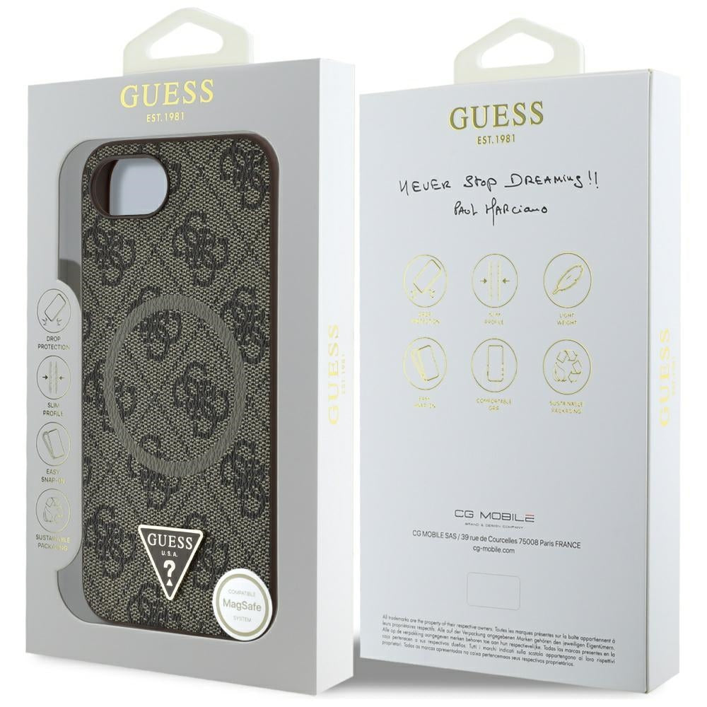 Capa MagSafe para Apple iPhone 17e / 16e, Guess, Logo Triângulo Anel 4G, Castanho