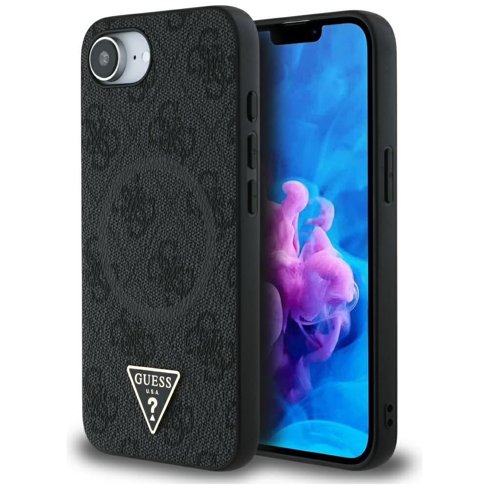 Capa MagSafe para Apple iPhone 17e / 16e, Guess, Logo Triângulo Anel 4G, Preta