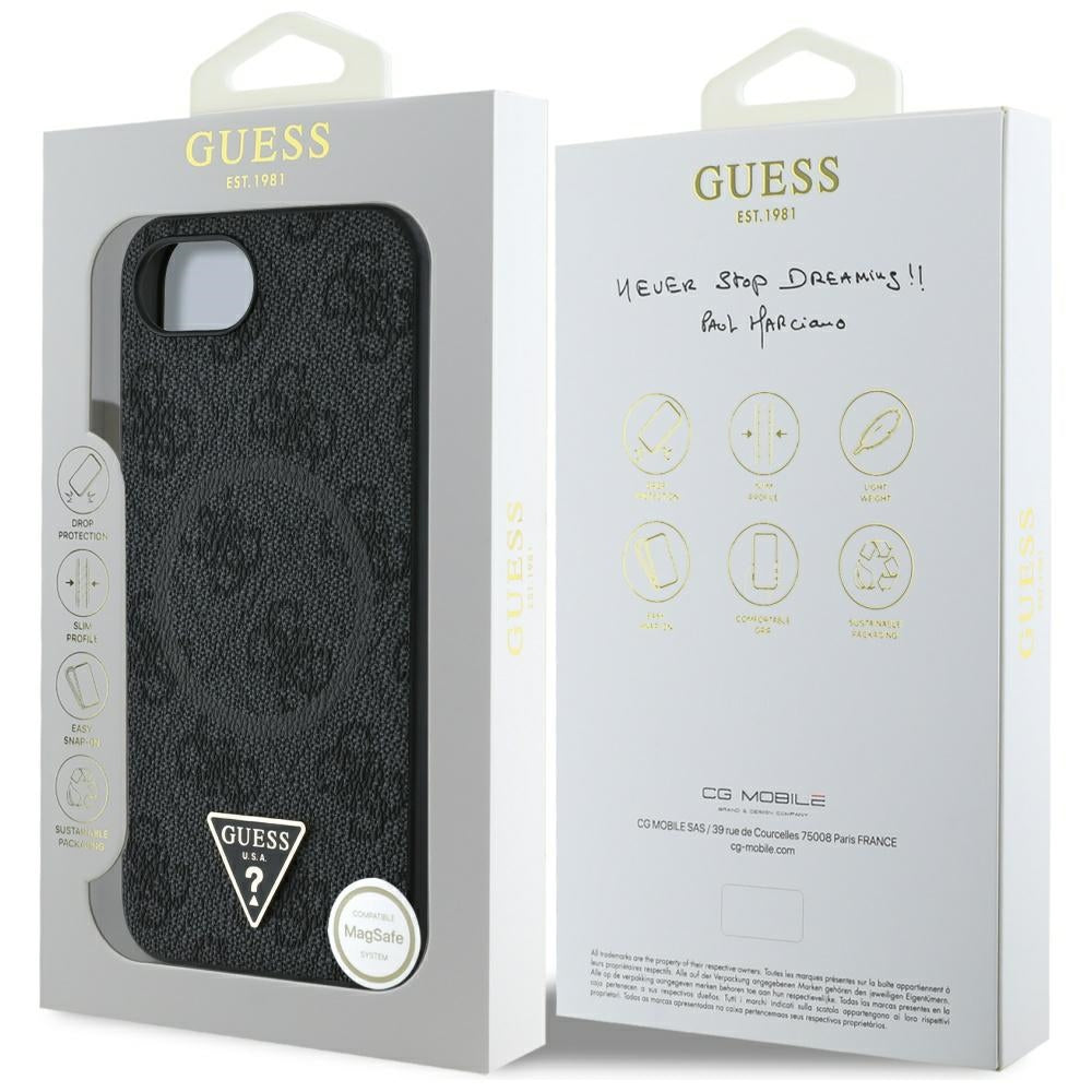 Capa MagSafe para Apple iPhone 17e / 16e, Guess, Logo Triângulo Anel 4G, Preta