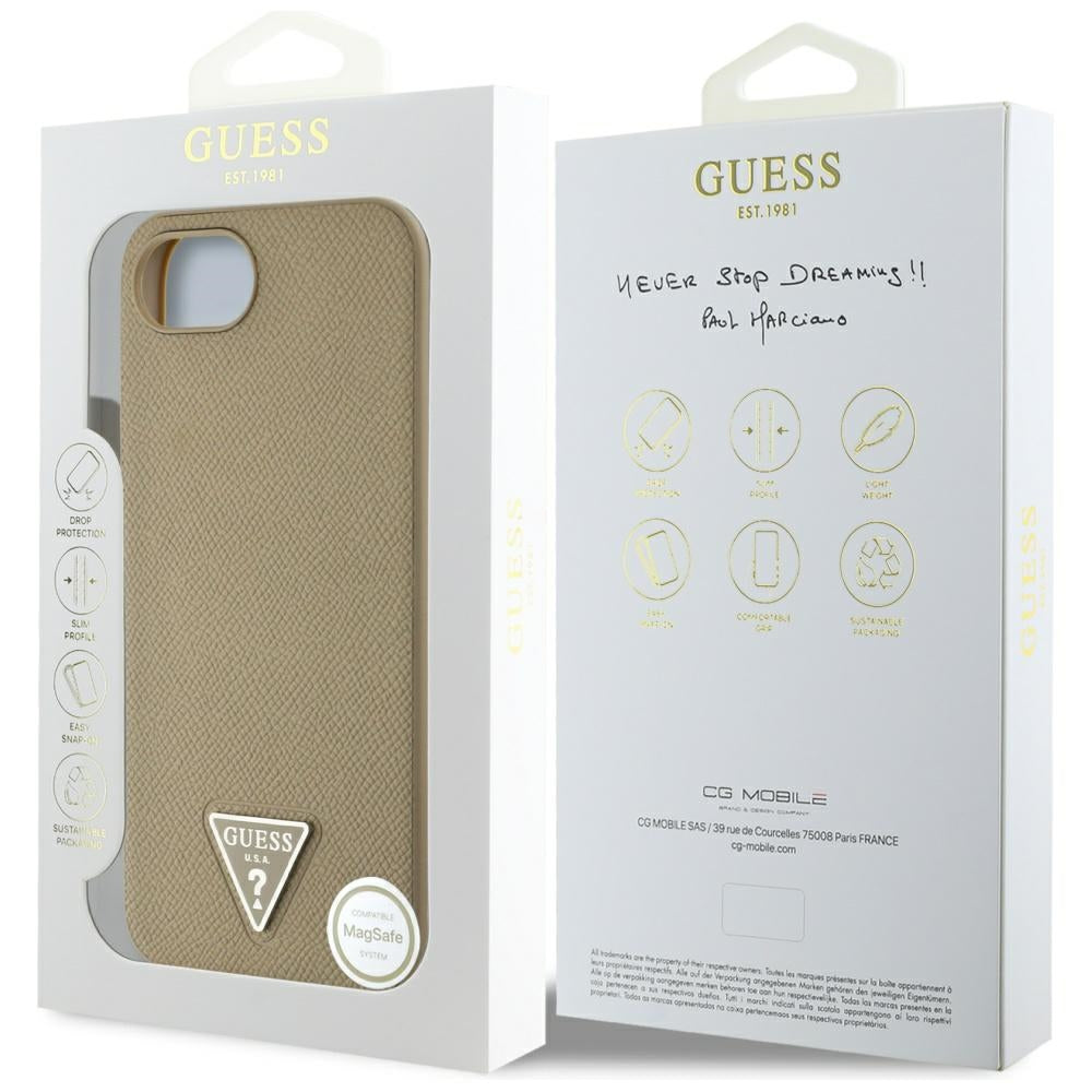 Capa MagSafe para Apple iPhone 17e / 16e, Guess, Logo Triângulo Granulado, Castanho