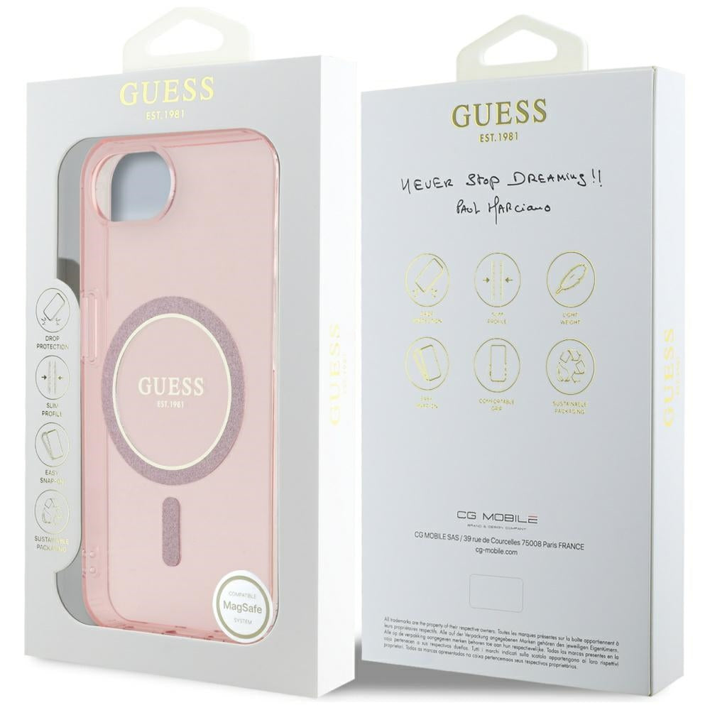 Capa MagSafe para Apple iPhone 17e / 16e, Guess, IML Glitter Circle, Rosa