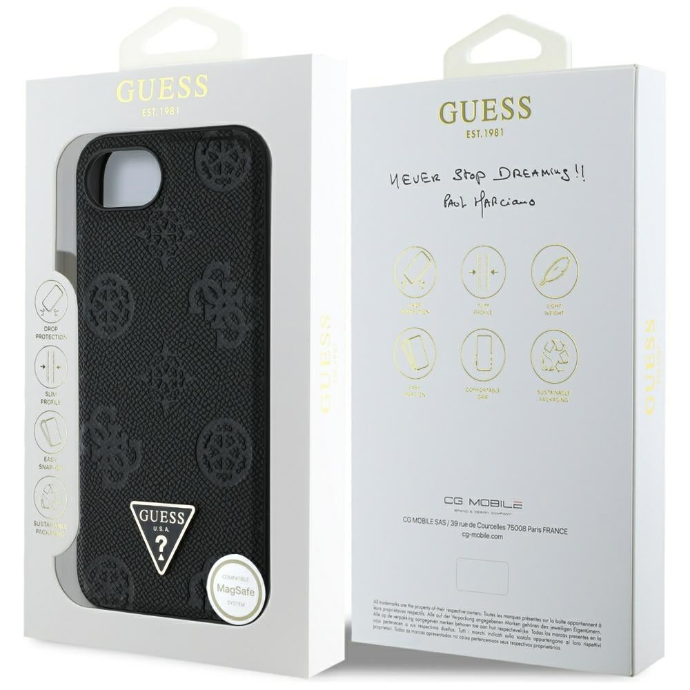 Capa MagSafe para Apple iPhone 17e / 16e, Guess, Peony Grained Hot Stamp Triangle, Preta