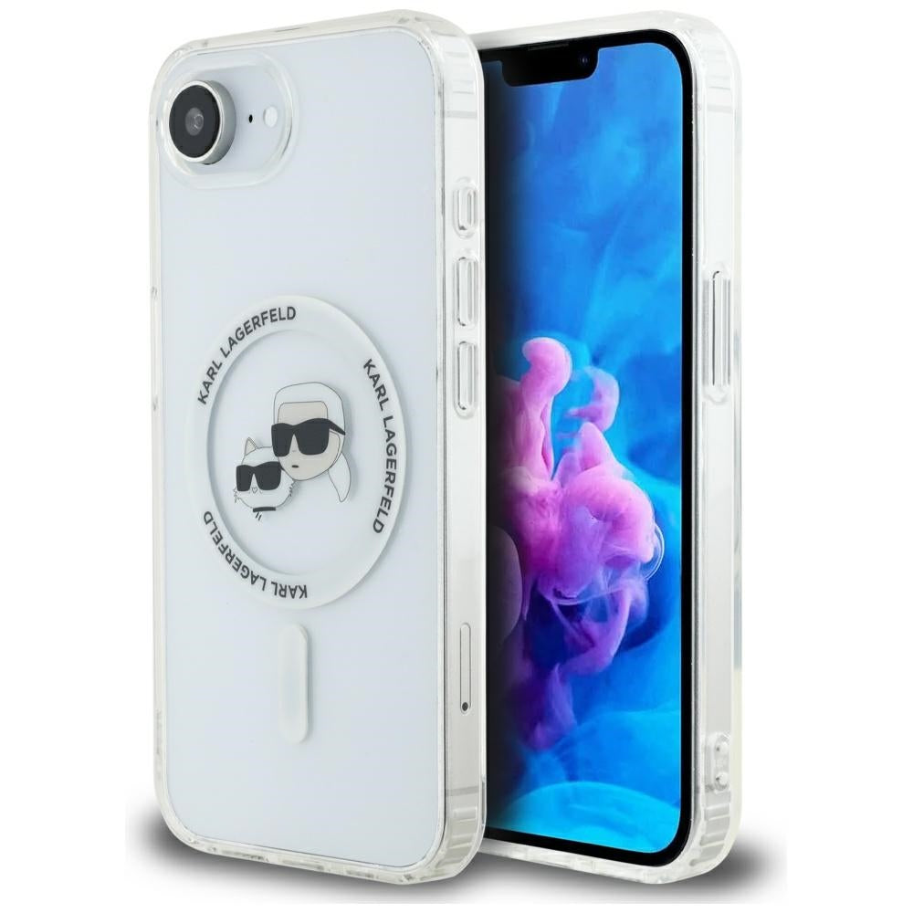 Capa MagSafe para Apple iPhone 17e / 16e, Karl Lagerfeld, IML Metal Karl & Choupette's Heads, Branca.