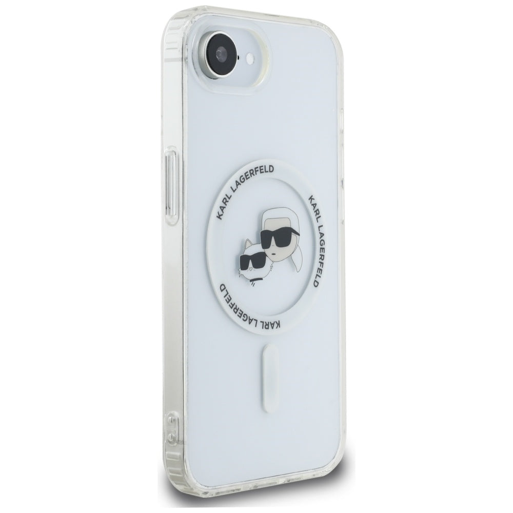 Capa MagSafe para Apple iPhone 17e / 16e, Karl Lagerfeld, IML Metal Karl & Choupette's Heads, Branca.