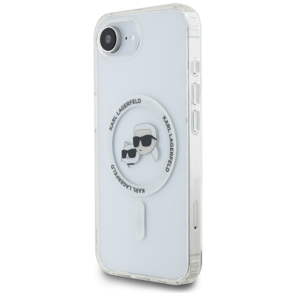 Capa MagSafe para Apple iPhone 17e / 16e, Karl Lagerfeld, IML Metal Karl & Choupette's Heads, Branca.