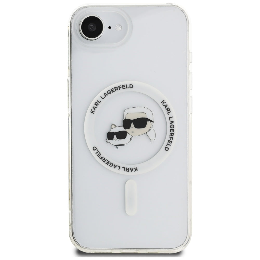 Capa MagSafe para Apple iPhone 17e / 16e, Karl Lagerfeld, IML Metal Karl & Choupette's Heads, Branca.