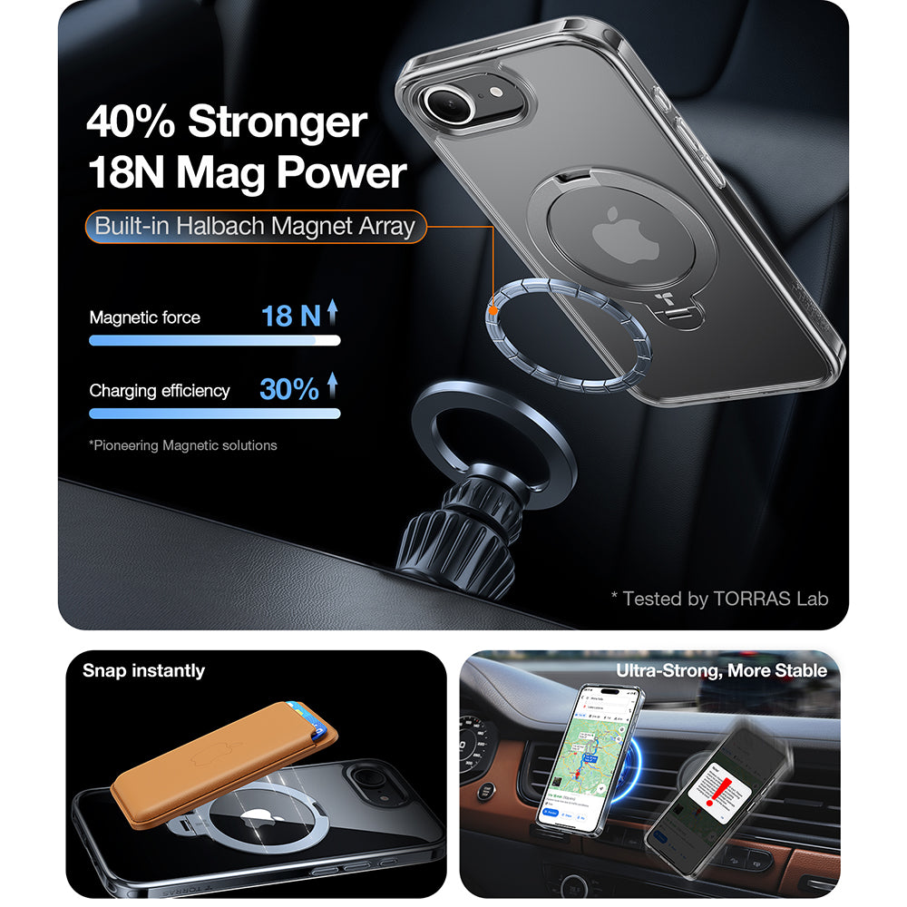 Capa MagSafe para Apple iPhone 17e / 16e, Torras, Ostand Spin, Transparente