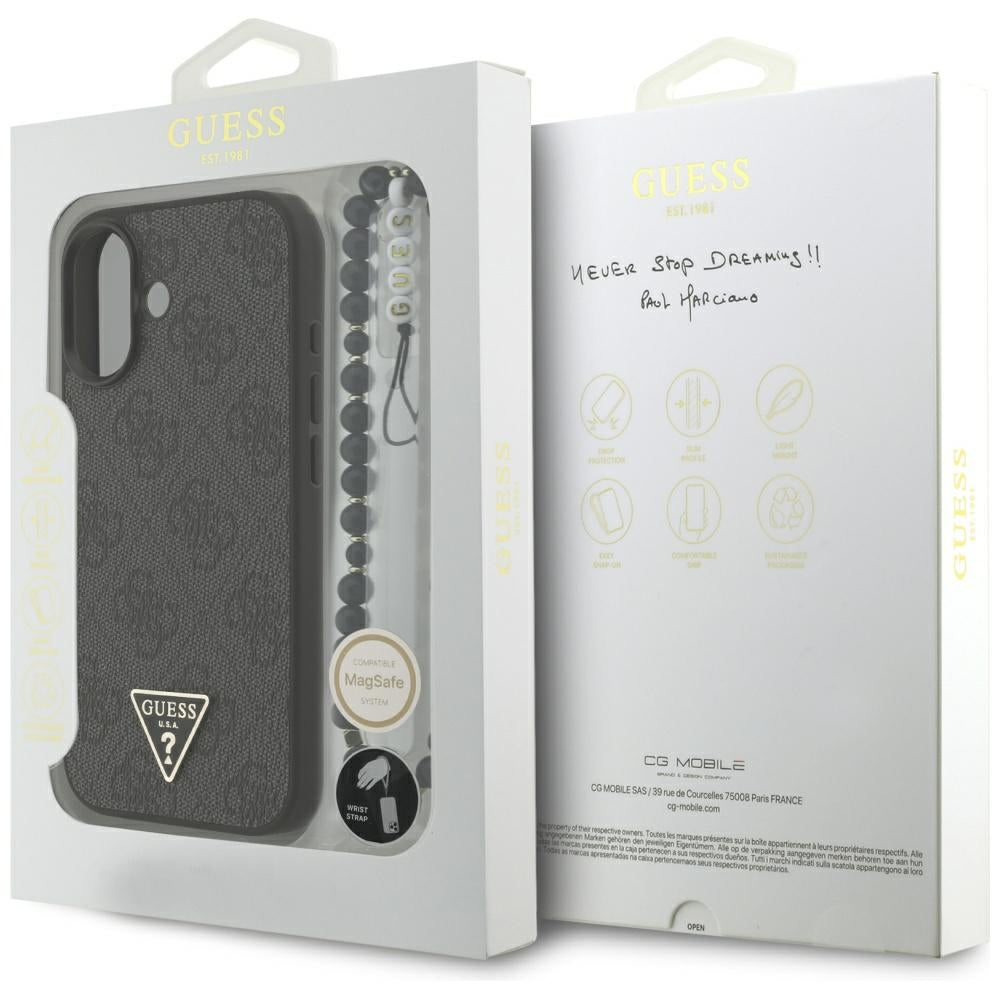 MagSafe Case for Apple iPhone 17, Guess, 4G Triangle Logo with Cord Strap, Black